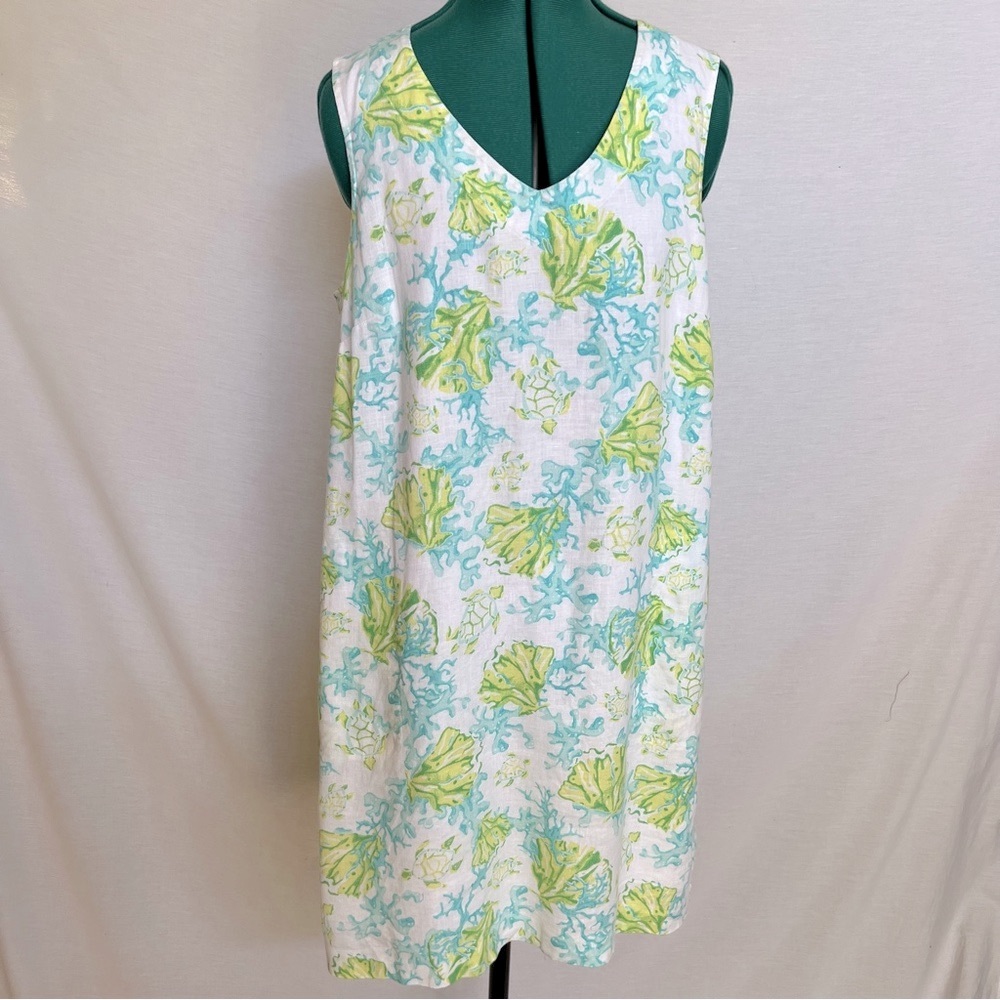 J. Jill White Aqua & Green 100% Linen Seascape Sheath Dress